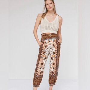 Anthropologie Linen Blend Printed Boho High Waist Joggers Brown Motif Size 8
